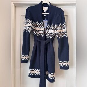 Navy and White Women's Cardigan Sweater